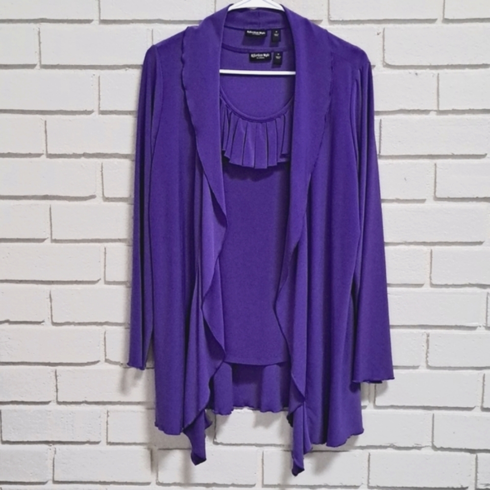Effortless Style Purple 2 Piece Formal Ruffle Tank/Open Cardigan. Sz Medium NWOT